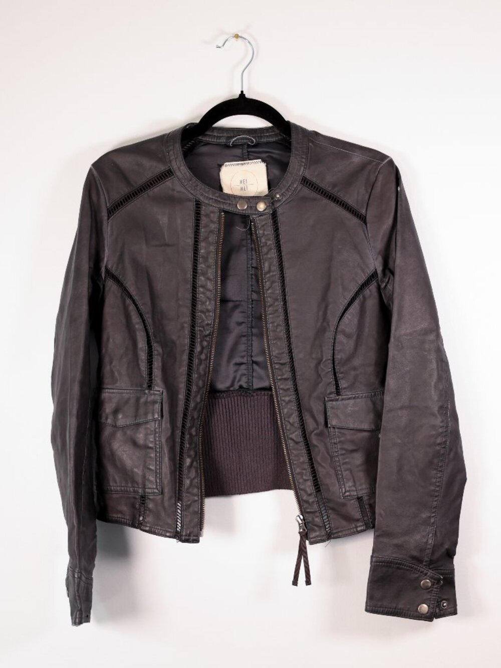 HEI HEI Anthropologie Black Faux Leather Moto Jacket Size S Distressed